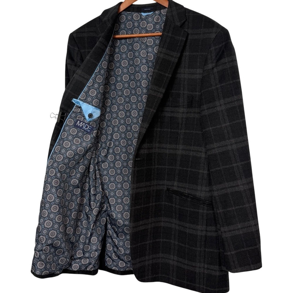 MADE Cam Newton Mens 42L Wool Blend Blazer Charcoal Grey Plaid Sport Coat